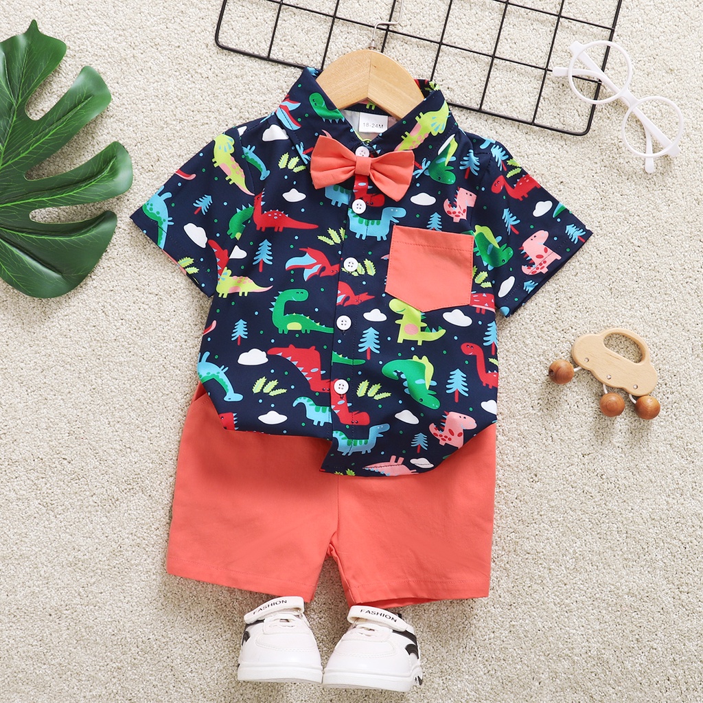 Bộ đồ 2 món Mikrdoo gồm áo sơ mi ngắn tay + quần short thời trang dự tiệc mùa hè cho bé trai