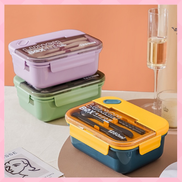 Hộp Cơm Bento Giữ Nhiệt Văn Phòng Dung Tích 1250ml 2 Ngăn Kèm Đũa Muỗng