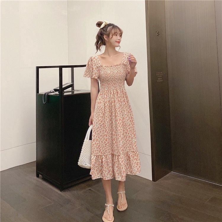 Đầm Maxi Chiffon Tay Ngắn Phối Bèo Họa Tiết Hoa Thanh Lịch Cho Nữ