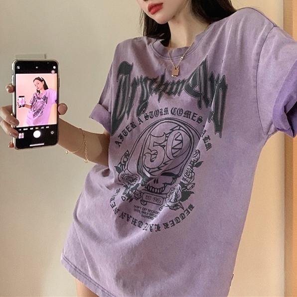 Áo thun SUXI tay ngắn cổ tròn dáng rộng in chữ thời trang mùa hè dành cho nữ