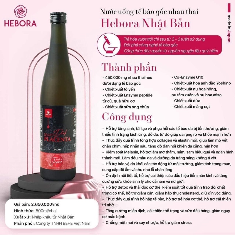 Collagen Hebora Placenta Nhật Bản  Nước Uống Tế Bào Gốc Nhau Thai Heo 450.000mg