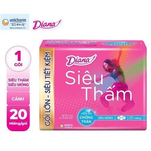 Gói 20 Miếng - Băng Vệ Sinh Siêu Thấm Siêu Mỏng Cánh Diana 23Cm