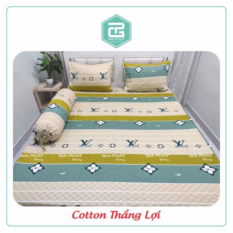 Bộ ga gối Thắng Lợi {4 món}100% Cotton chuẩn logo họa tiết LV