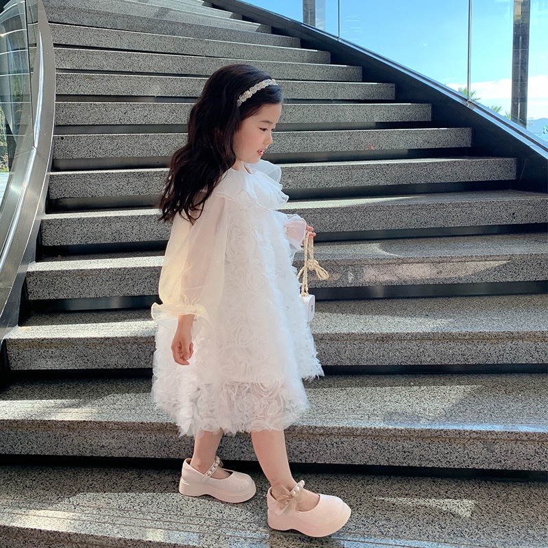 V102 - Váy voan trắng hoa nổi sz 90-140, váy điệu đà cho bé thu đông 2022