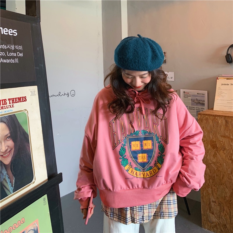 SUXI Áo Hoodie Nữ Tay Dài Dáng Rộng In Hình Phong Cách Hàn Quốc