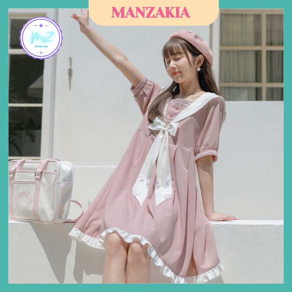 Váy Babydoll, Đầm Loli Hải Quân Cổ Nơ Siêu Cute