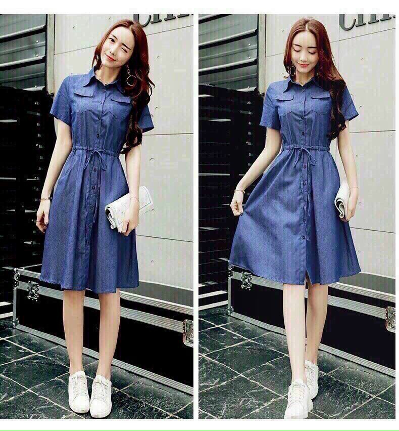 Đầm Jean xoè dây rút phần eo tao nhã lịch sự – Đầm dự tiệc sang trọng, đám cưới, du lịch
