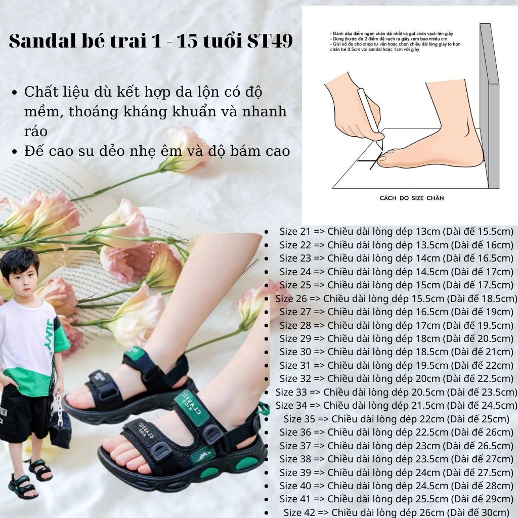 Sandal bé trai dép quai hậu đi học trẻ em nam 1 2 3 đến 15 tuổi quai ngang siêu nhẹ kháng khuẩn phong cách Hàn Quốc ST49