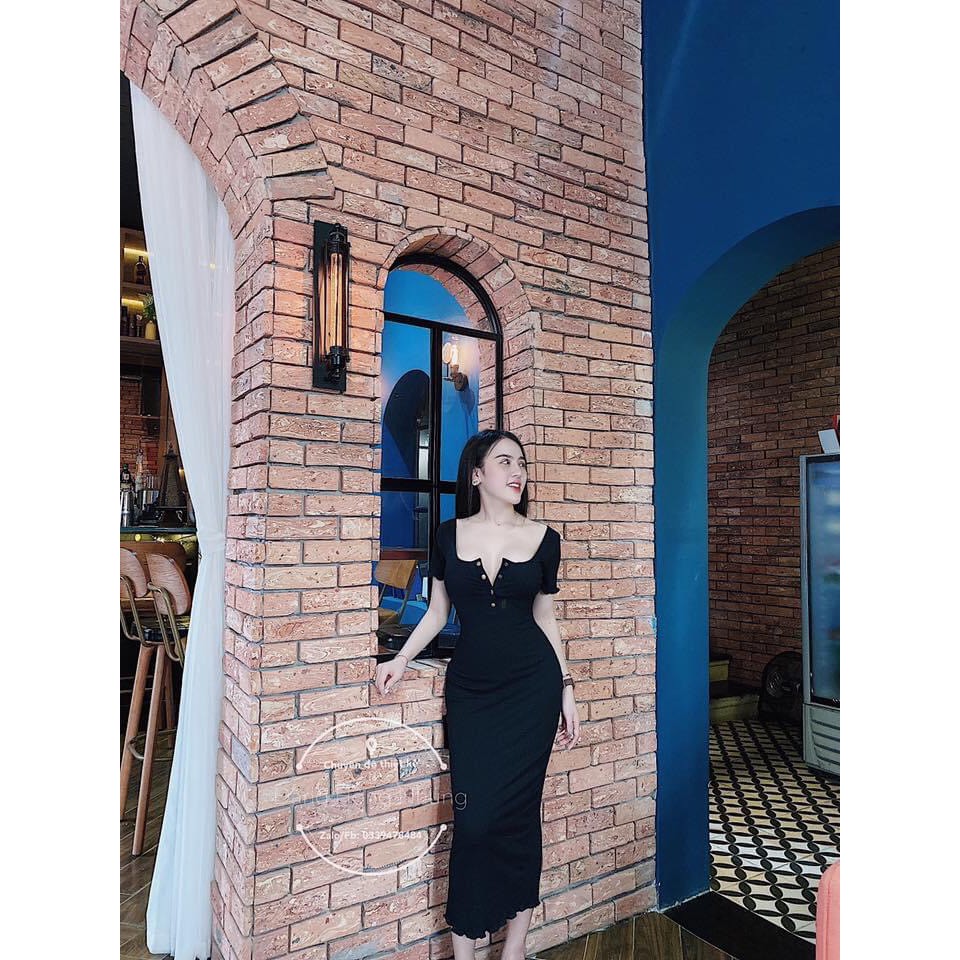 Đầm body nữ váy body cổ vuông tay ngắn phối cúc ngực sexy hàng thiết kế | BigBuy360 - bigbuy360.vn