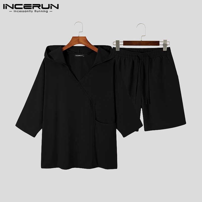 Set áo hoodie ngắn tay và quần short dáng rộng INCERUN phong cách thời trang cho nam 3 màu lựa chọn