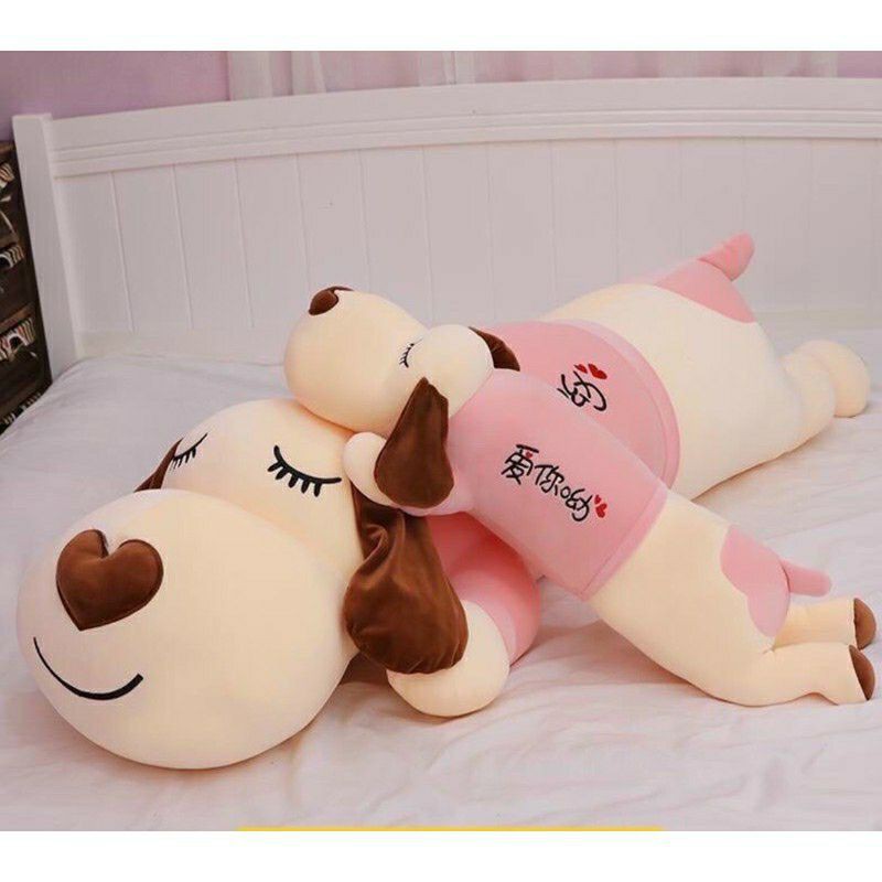 Gấu bông chó ngủ mặc áo hồng siêu đáng yêu