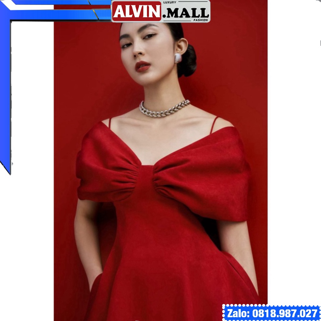 🔥𝓠𝓾ả𝓷𝓰 𝓒𝓱â𝓾 CAO CẤP🔥 Đầm dáng xòe hai dây hở vai ngang phối nơ màu xanh navy đỏ vải thun 4D nhập cao cấp ladyvi