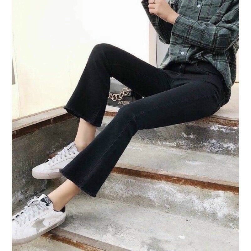 Quần jean nữ ống loe cạp cao,quần bò ống loe lưng cao xẻ gấu đính hạt