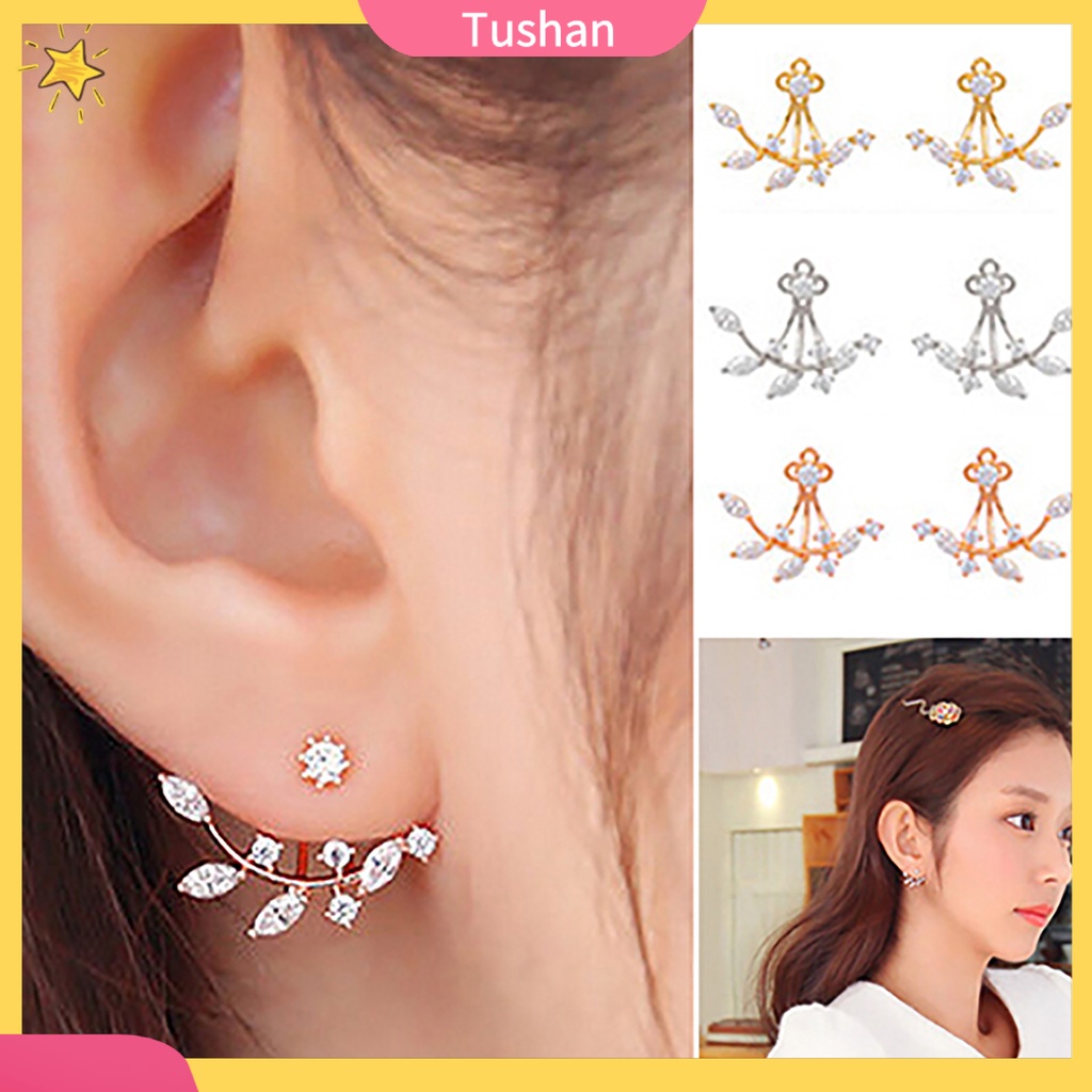 Khuyên tai hình lá cây đính đá phong cách cổ điển