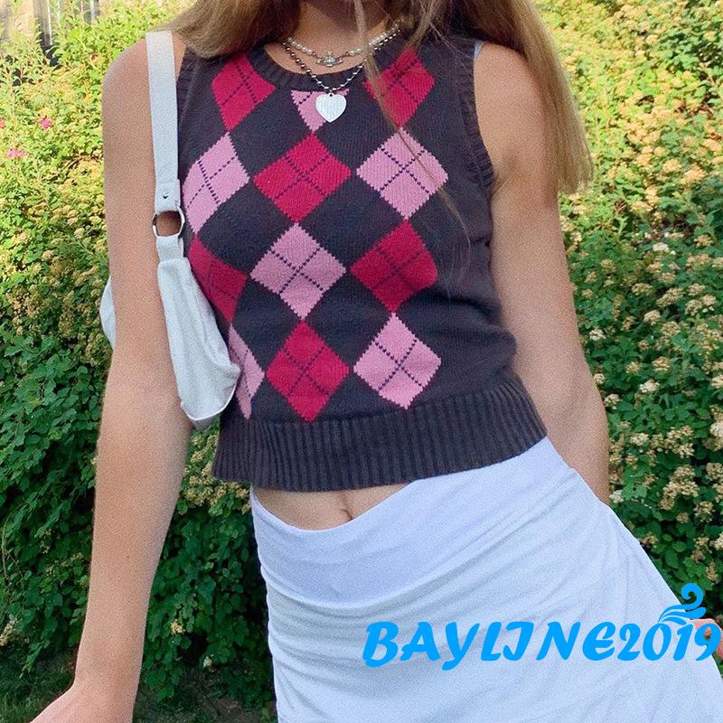 Áo len dệt kim không tay họa tiết màu khối giản dị