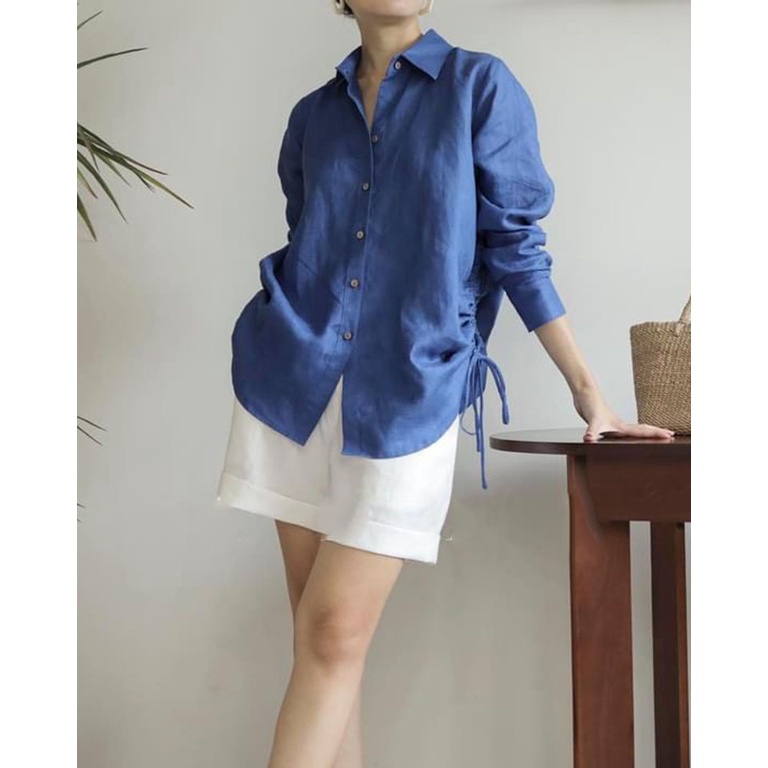 Áo sơ mi nữ Linen dài tay form rộng rút eo trẻ trung
