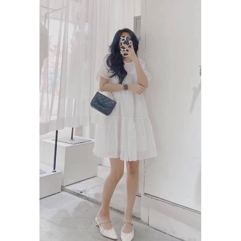 Váy babydoll voan tơ ngắn tay - Đầm babydoll cộc tay 3 màu Maina