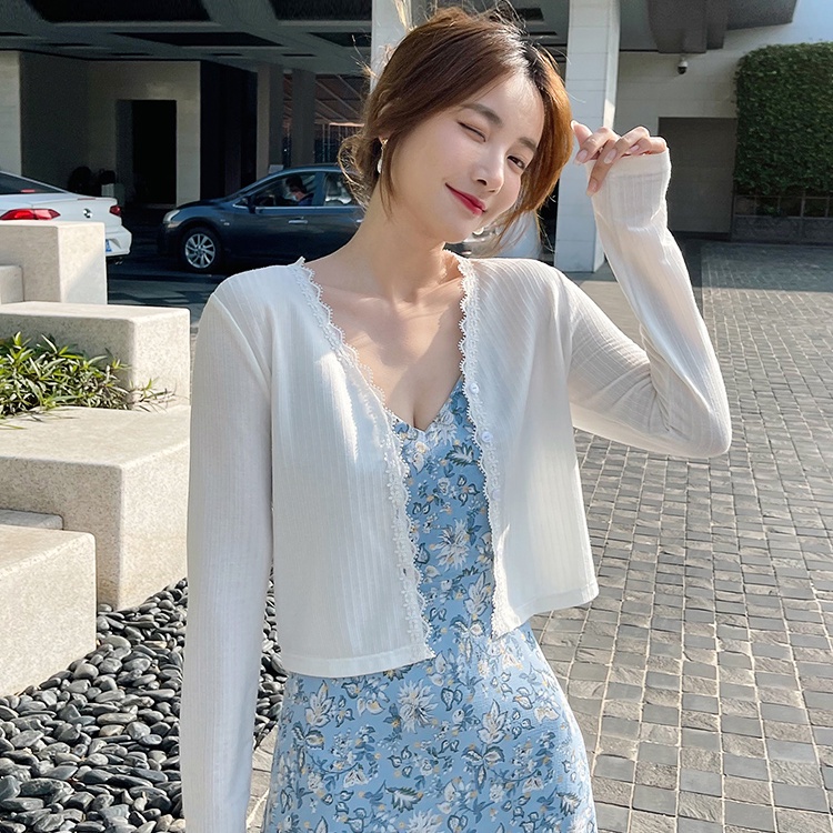 SUXI Áo cardigan nữ dệt kim màu trắng tay dài thiết kế mới thời trang mùa hè