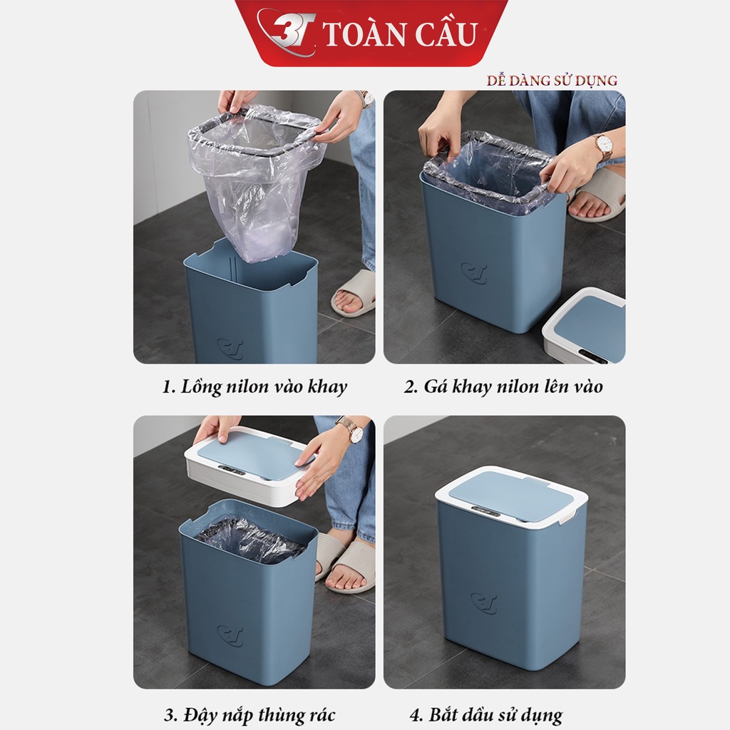 Thùng Rác Cảm Biến Thông Minh 14L Với 3 Chế Độ Mở Nắp Tự Động, Sử Dụng Nguồn Sạc, Nút Ấn Cảm Ứng