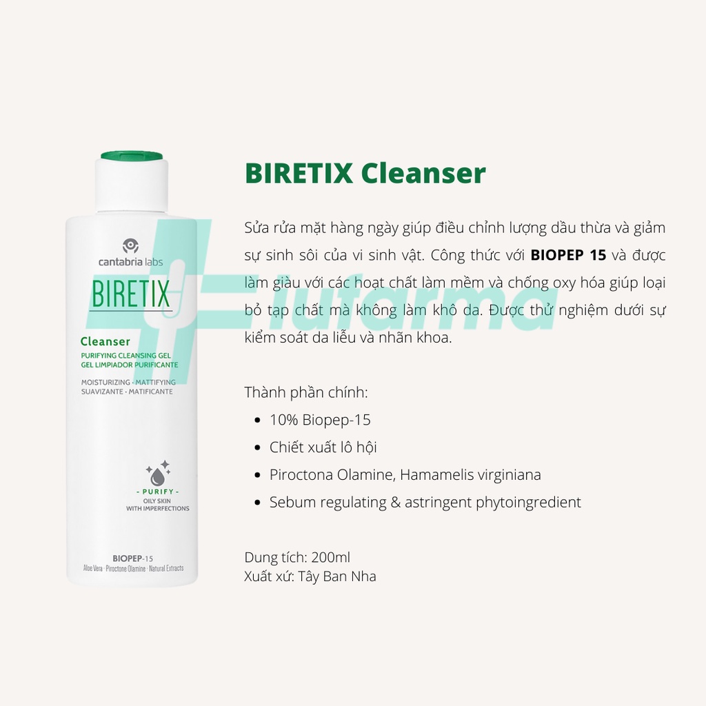 Sửa rửa mặt sạch sâu Biretix Cleanser Purifying Gel cho da dầu mụn, da hỗn hợp Tây Ban Nha 200ml - Iufarma