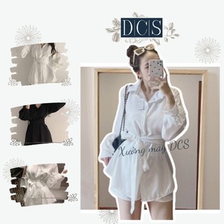 Set váy sơ mi suông kèm đai buộc chất liệu đũi váy nữ đen trắng tiểu thư sang chảnh xưởng may DCS Mã 007