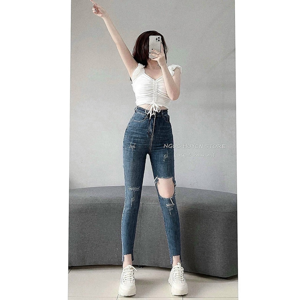 Quần jean nữ lưng cao rách gối co giãn - Quần bò nữ cạp cao rách gối dáng ôm chất jeans đẹp cao cấp Senorita