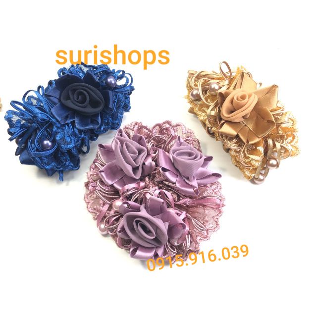 Cột tóc hoa hồng phối vải ren, Buộc Tóc Hoa Hồng Rose