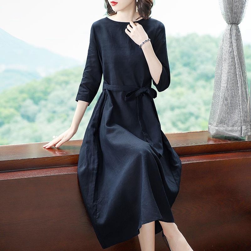 Đầm suông linen dáng chữ A cổ V tay lỡ xanh than, chất đũi mềm mát, thời trang phong cách Hàn Quốc