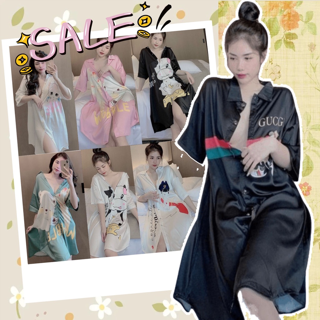 V030 Váy ngủ nữ lụa sơ mi cao cấp bigsize tay lỡ dài qua gối pijama chất mềm mịn Đầm mặc nhà trơn bóng latin mango đẹp
