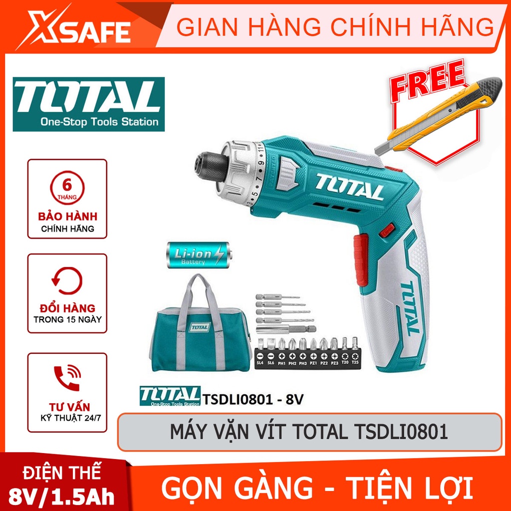 Máy bắn vít mini dùng pin 8V TOTAL TSDLI0801 tốc độ 220v/p, đầu lục giác 1/4", có đèn led, có chức năng đảo chiều -xsafe