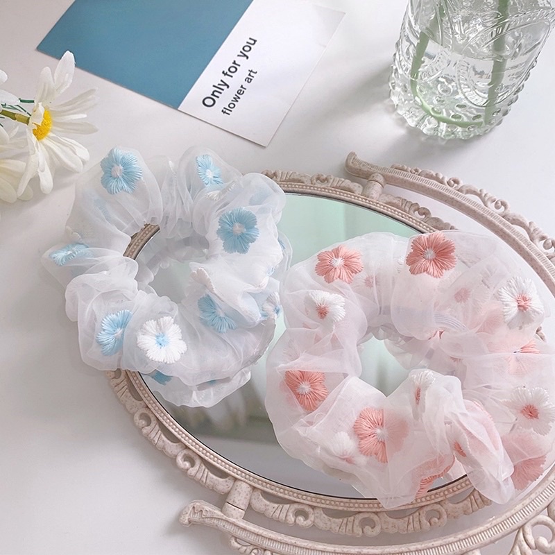 Scrunchies hoa thêu (ảnh thật/có sẵn)