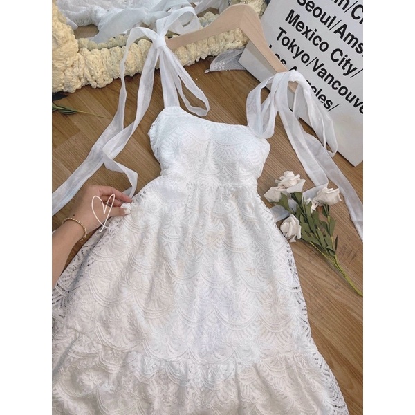 Đầm ren babydoll trắng dây nơ