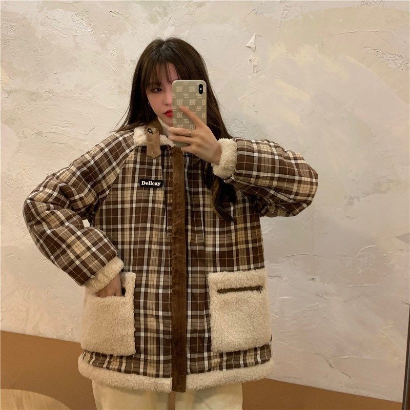 Áo khoác lông hai mặt caro style retro