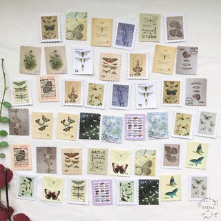 Set 46 sticker tem vintage hoa lá, butterfly, chuồn chuồn retro và phong cảnh màu sắc trang trí bì thư cổ điển