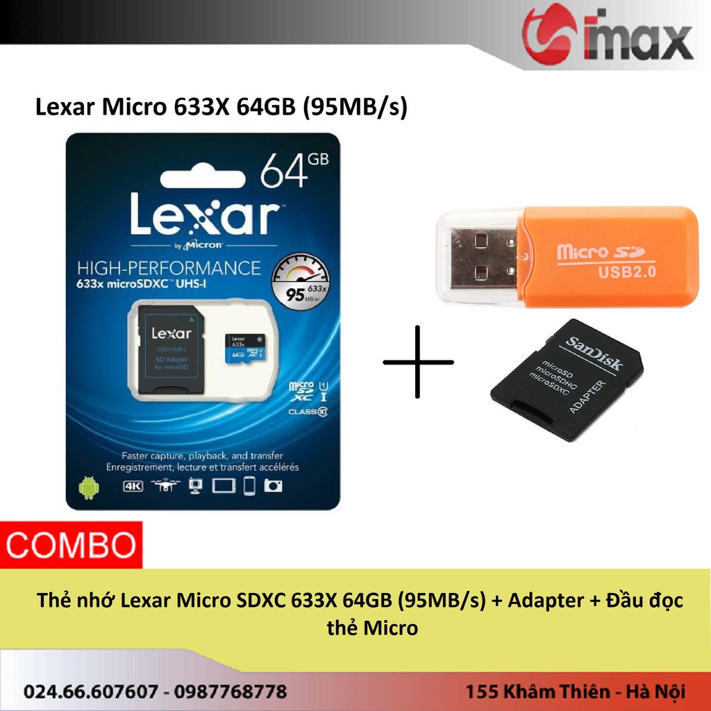 Thẻ nhớ Lexar Micro SDXC 633X 64GB (95MB/s) + Adapter + Đầu đọc thẻ Micro