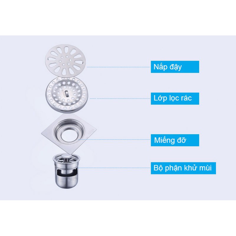 Thoát sàn ngăn mùi (dạng phễu nước) Inox SUS304 (10x10 12x12 15x15 cm) - Hàng Cao cấp ITALIA