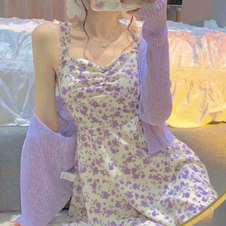 Váy 2 dây hoa nhí tím nhún ngực 💜