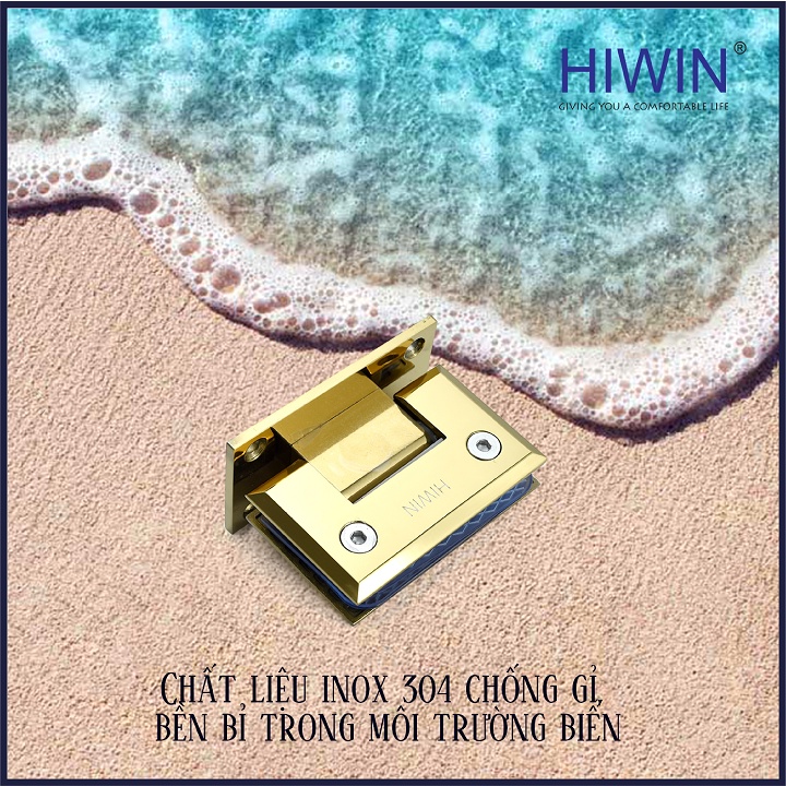 Bản lề phòng tắm kính 90 độ kính tường đế cân cạnh vát inox 304 mạ vàng HIWIN HG-005G