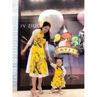 Set Áo dài gấm hoa đào cho mẹ và bé