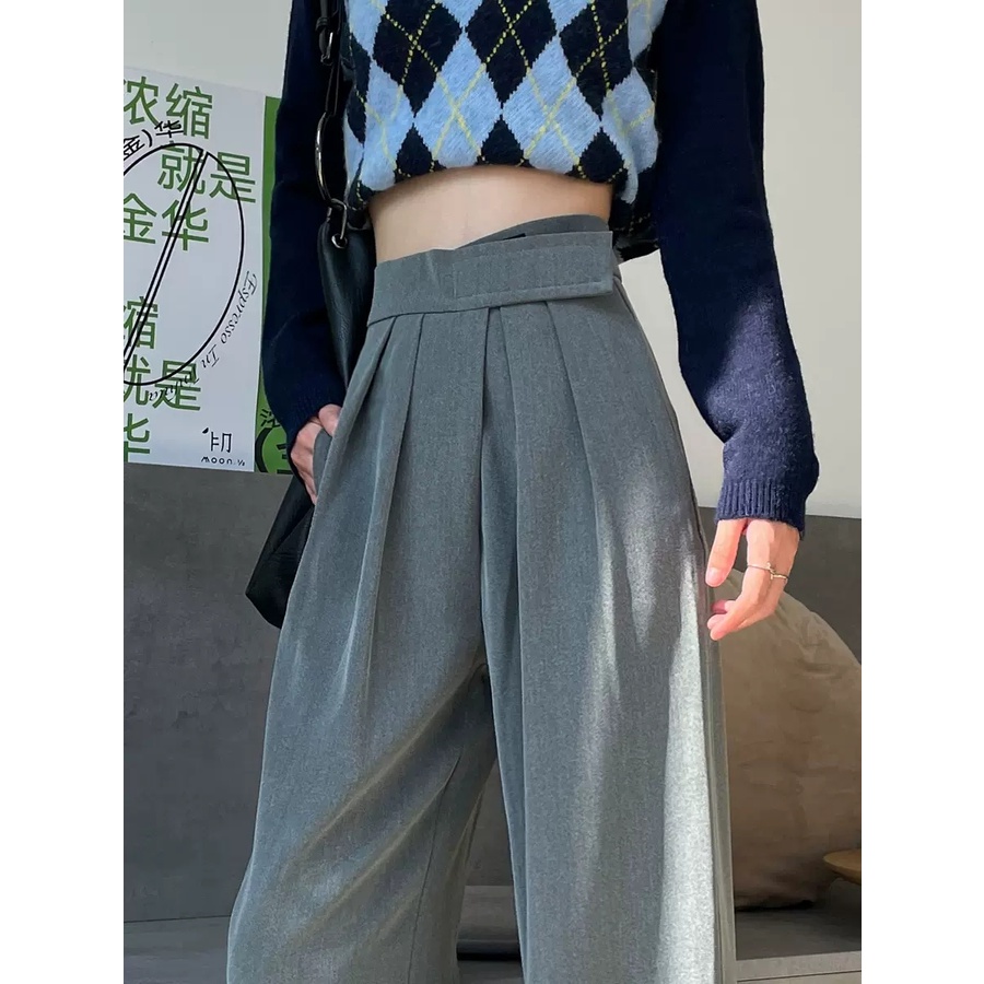 Quần dài ống rộng lưng cao phong cách thu 2021 cho phái nữ