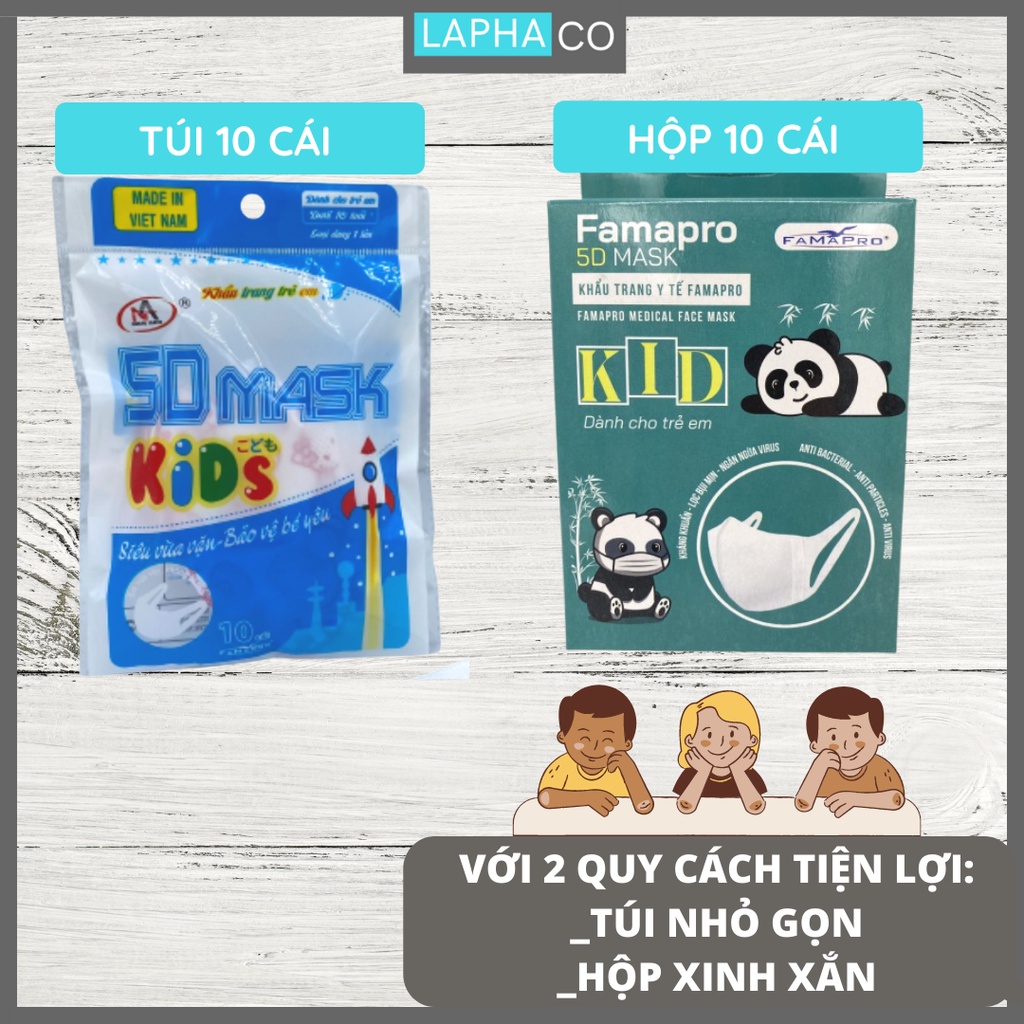 Khẩu trang y tế trẻ em kháng khuẩn 3 lớp Famapro 5D kid quai vải - Túi/Hộp 10 cái