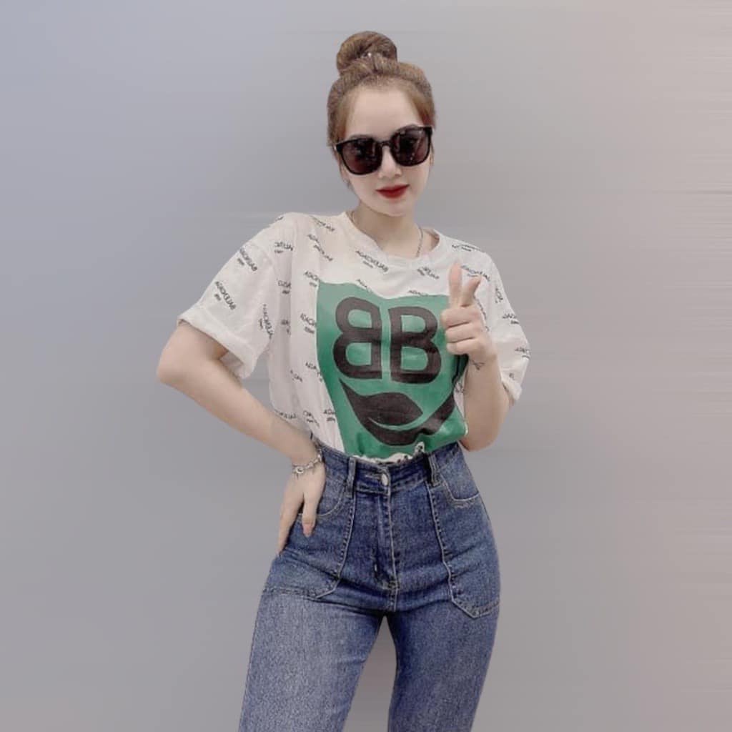 Áo thun tay lỡ unisex Balen Họa Tiết In Kín MOSSSHOP - Áo phông nam nữ phong cách hàn quốc ulzzang form rộng 65kg