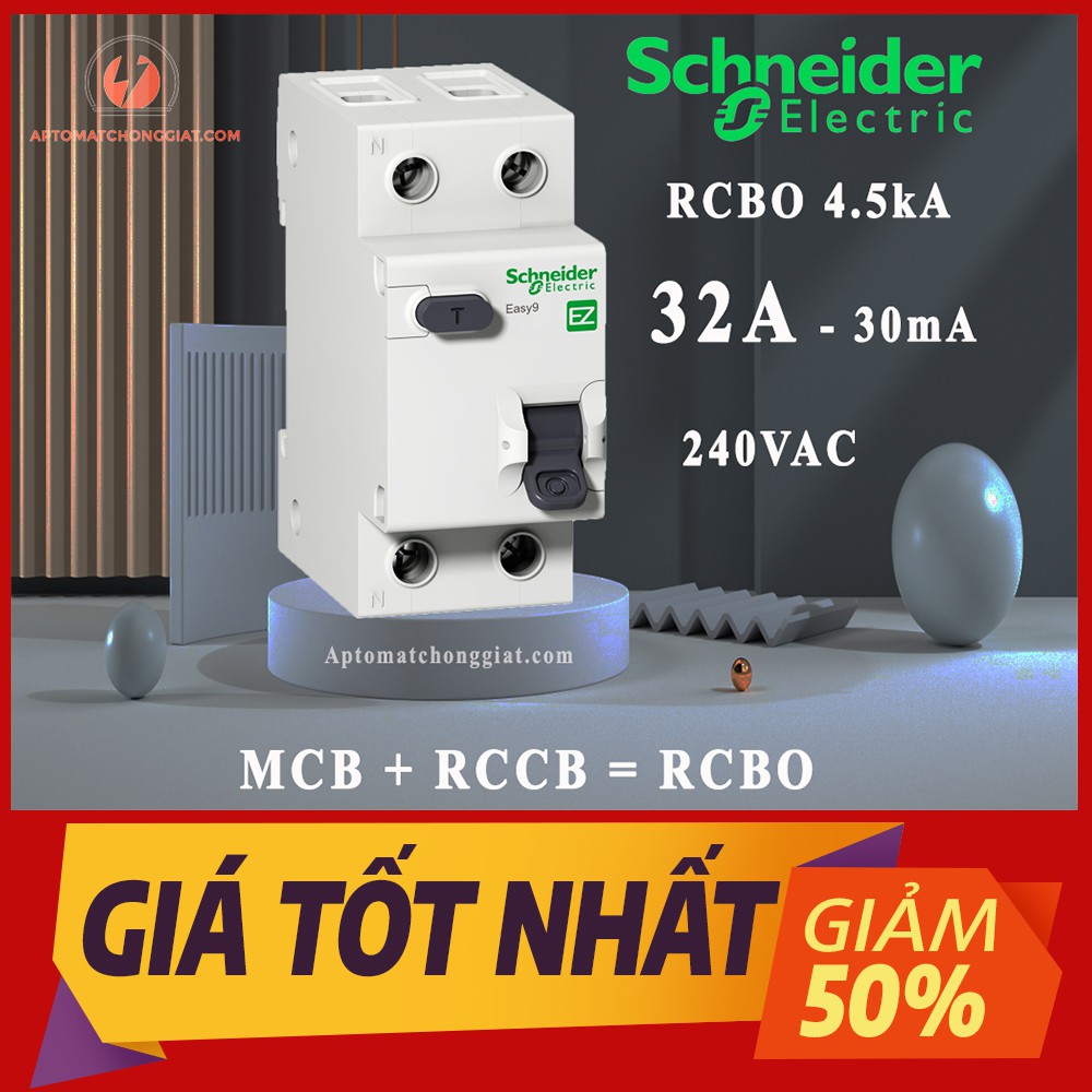 [HÀNG CHÍNH HÃNG] Cầu Dao Chống Giật đa năng  (Aptomat Chống dòng rò)  RCBO Schneider 2P  30mA EZ9D346, 4.5kA Chính Hãng