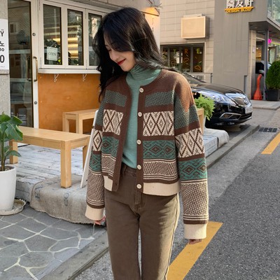 Áo khoác Cardigan dệt kim màu sắc Retro cho nữ