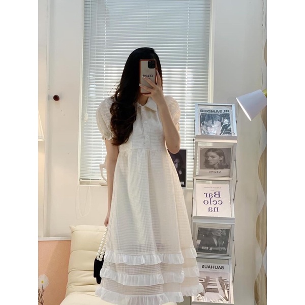 Đầm midi babydoll tầng cổ nút tay bồng