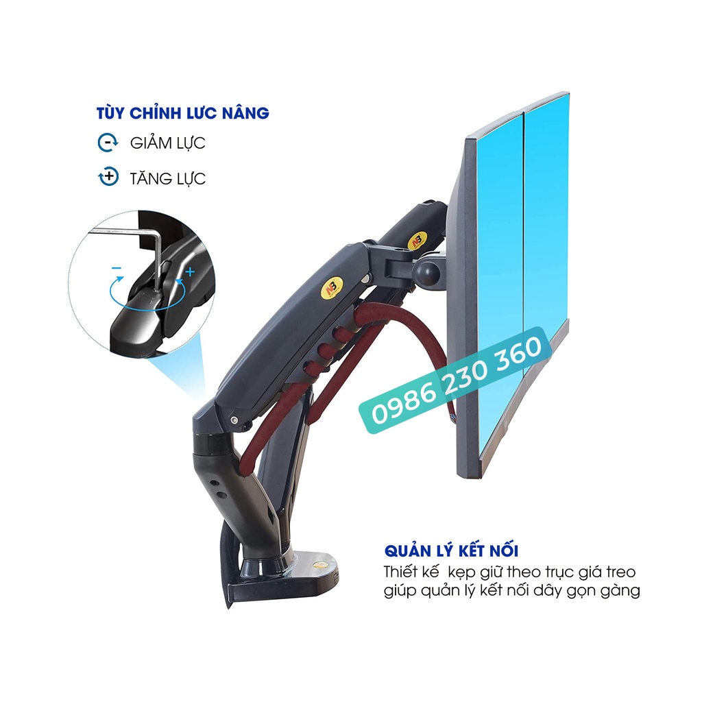 NB-F160 | Giá Treo Màn Hình Hỗ Trợ Màn 17 -30 Inch / Tải Trọng 9Kg 1 Tay - Lắp Đặt Kẹp Bàn &amp; Vít Xuyên Bàn - Model 2022