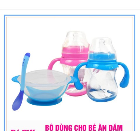 COMBO BÁT ĂN DẶM VÀ BÌNH UỐNG SỮA CHỐNG SẶC BÁO NÓNG 180ML CHO BÉ