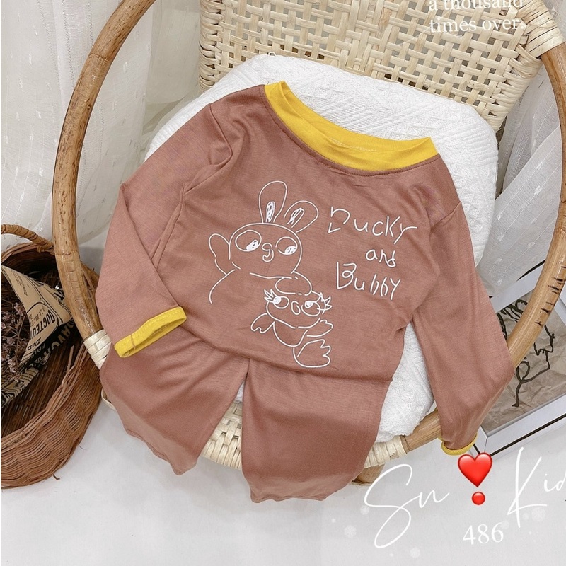 Bộ đồ thun lạnh dài tay in gấu cho bé trai và gái 7-17kg