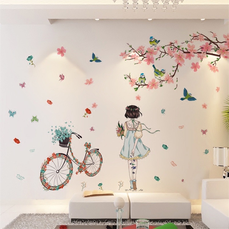 Tranh dán tường Mẫu Cô Gái xe đạp + Đào Bay ( kích thước sau dán 1m5*2m)