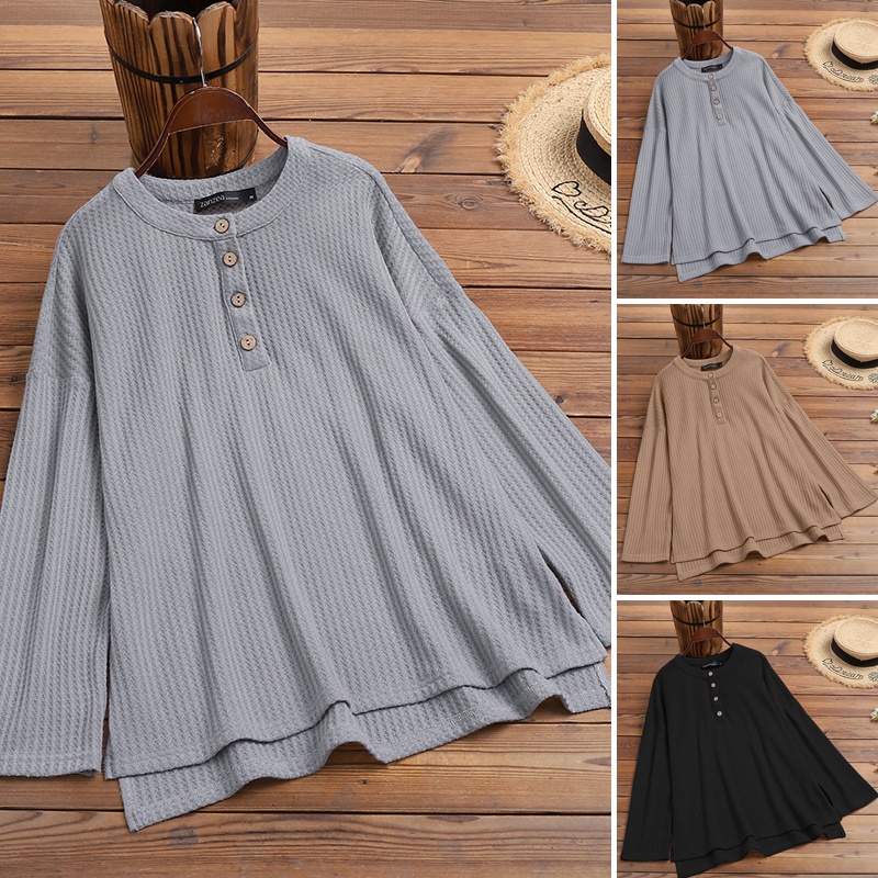 Áo ZANZEA tay dài cổ tròn màu trơn cho nữ